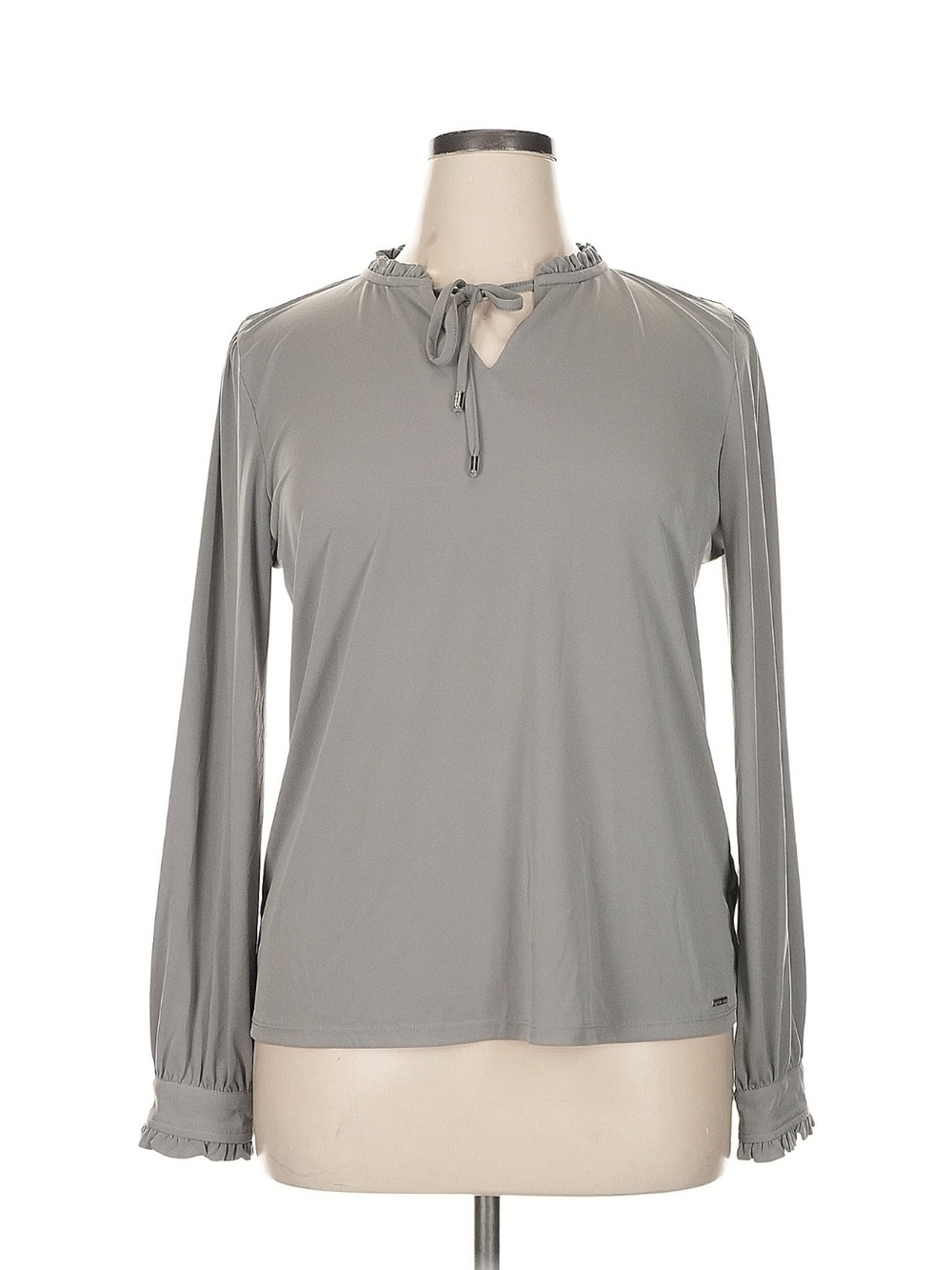 Calvin Klein Gray Ruffle Tie-Neck Long Sleeve Blouse